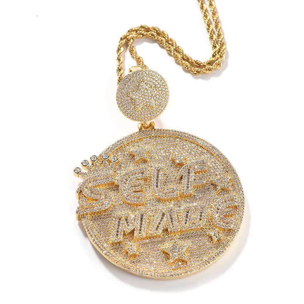 Hip-hop style oversized round disc ice pendant featuring custom-designed letters with VVS sapphires. Men's fashionable necklace, body decoration 