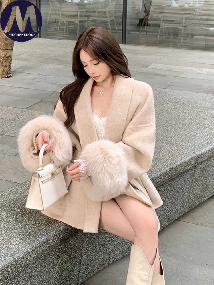 Coats for Women Autumn Winter New Elegant Long Sleeves V Neck Lace Up Woolen Coat Korean Fashion Casual Loose Street Trends Coat Z250813