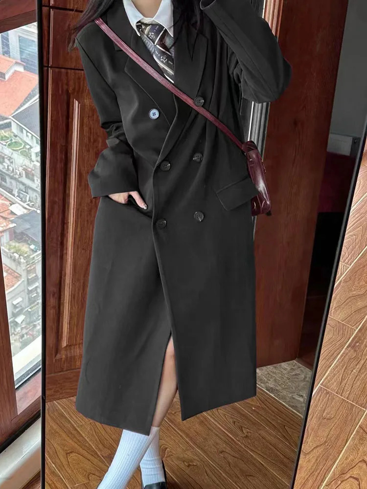 Double Breasted Long Trench Coats Fashion Elegent Woman Outerwears Windproof Abrigos Korean Loose Casaul Straight Casaco 250805