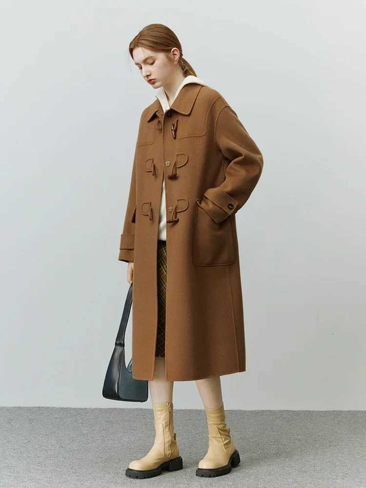 100% Wool Double-sided Woolen Coat with Horn Buttons Temperament Camel Mid Length Straight Coat Office Lady Neck Wool Jacket Z250813