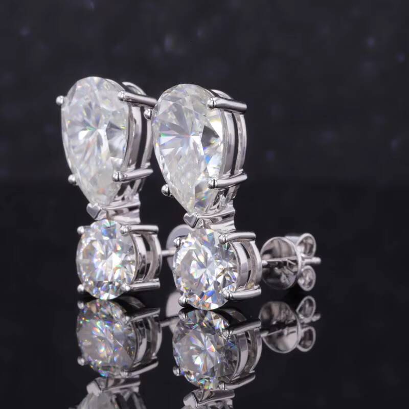 Starsgem Company Customize Solid Gold Moissanite Pear Brilliant Cut and Round Moissanite Diamond Drop Earrings