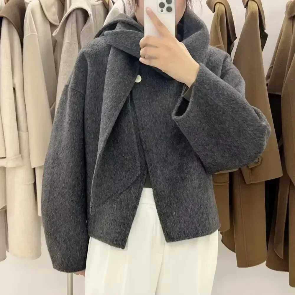 Elegant Woolen Wool Blend Coat Single Button Cashmere Lady Short Scarf Collar Woolen Jacket Women Autumn Winter Wool Coat Female Z250813