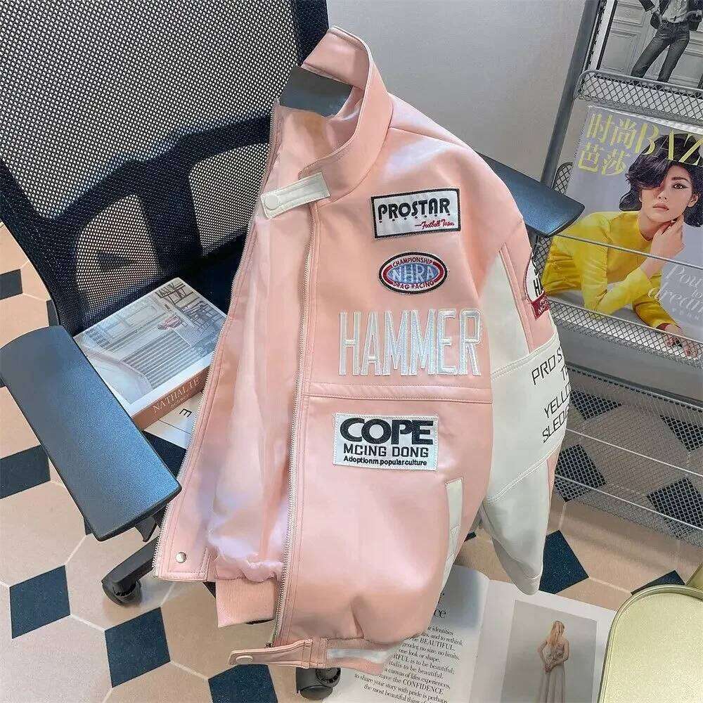 Motorcycle pu leather coat baseball jacket pink american style women autumn and winter fried street high level clothes