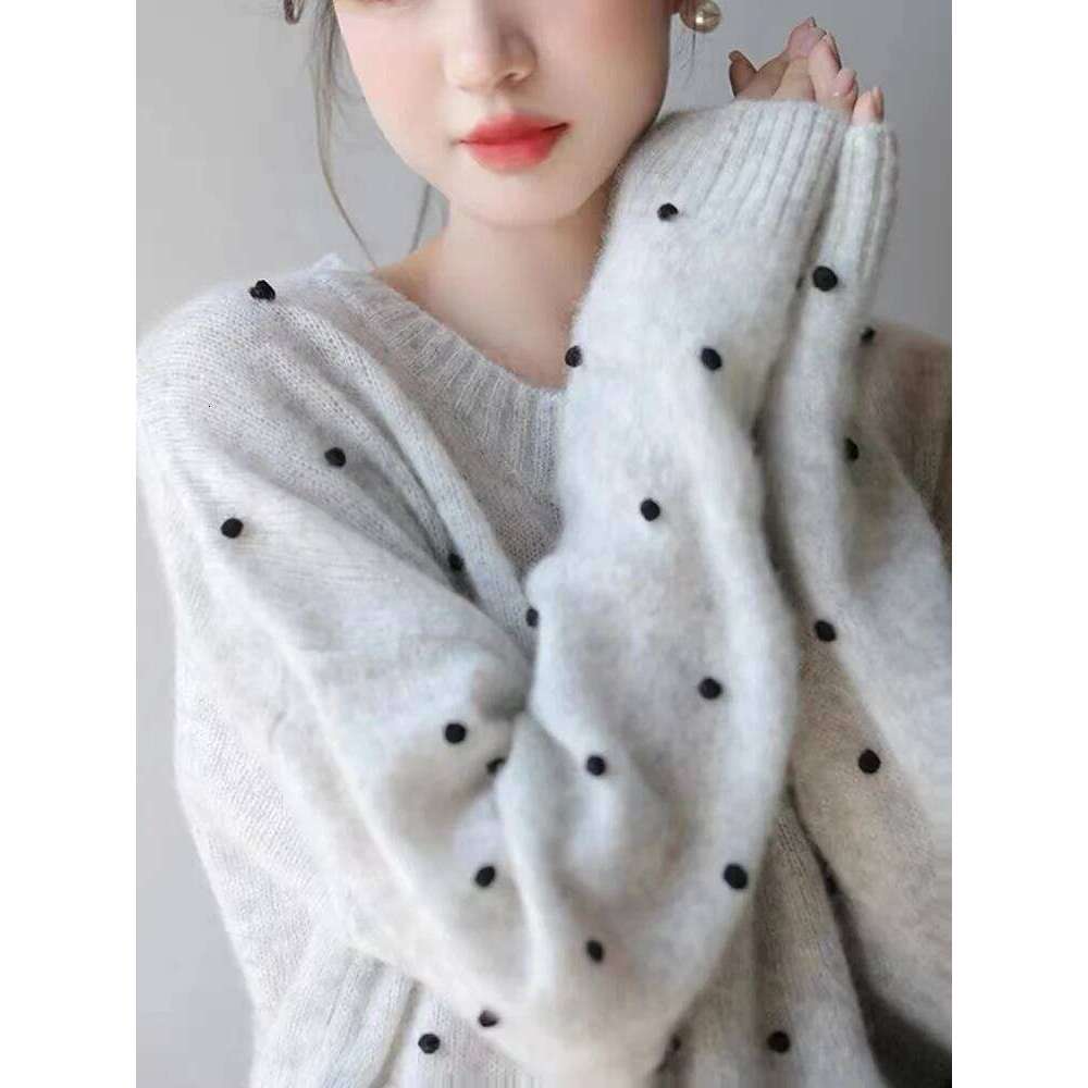 European Station 2022 New Goods Puffed Wool Sweater Women Polka Dot Round Neck Cashmere Pullover Long Sleeve Top Trend 250813