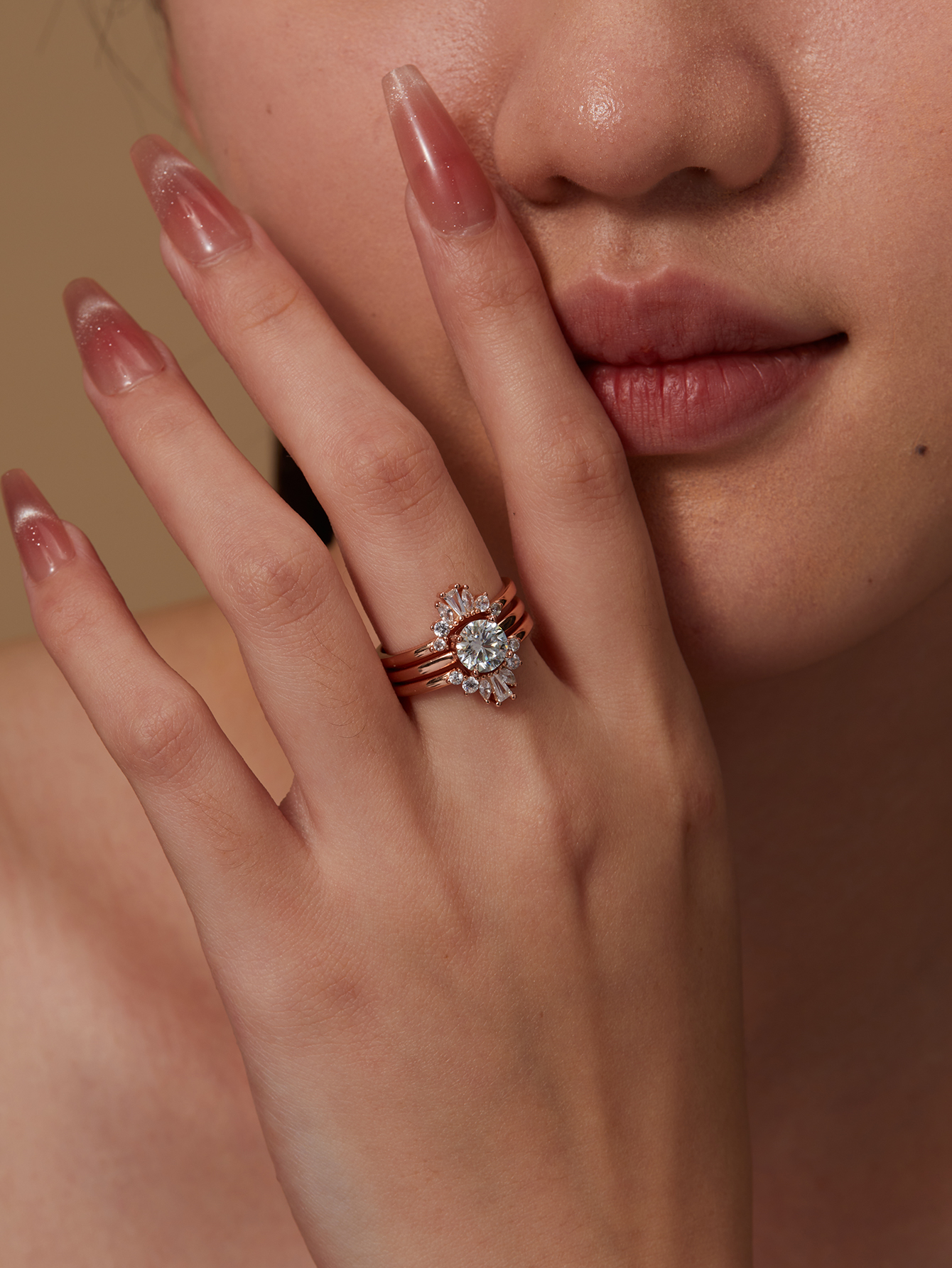 MT 14K Rose Jewelry 1 ct Round Cut Moissanite Engagement Ring Set, 3pcs/set Stackable and Detachable, Vintage Bohemian Elegant Style, Perfect for Wife