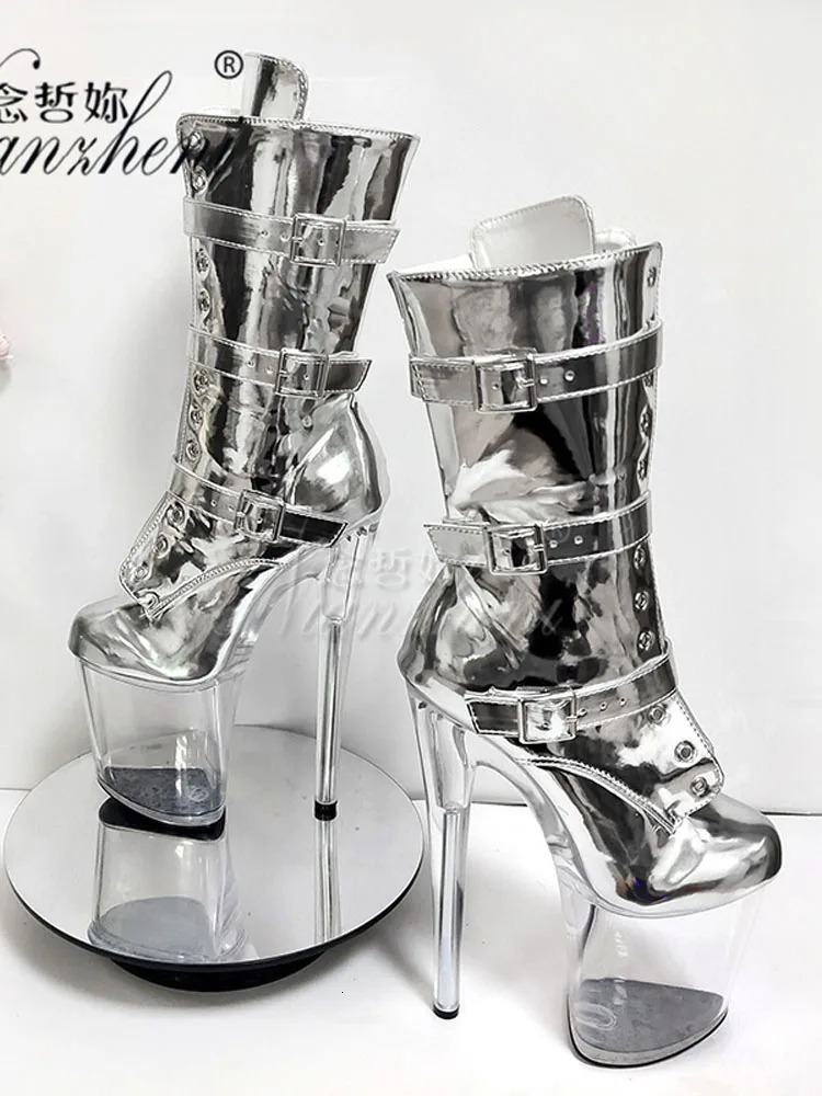 Stage Silver Shiny Surface Three-Piece Ankle Boots 20cm Crystal Catwalk Pole Dance Shoes Womens Gladiator Nightclub Round Toe 250812