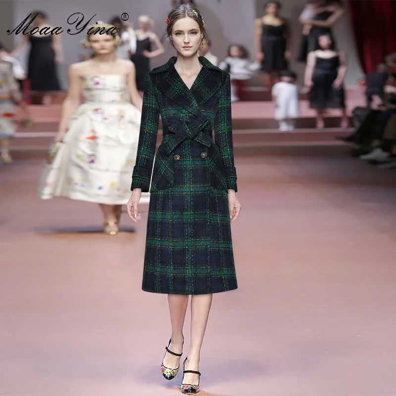 MoaaYina Fashion Designer Woolen Cloth Overcoat Winter Women Long Sleeve Double Breasted Lace-Up Keep Warm Plaid Overcoat Z250813