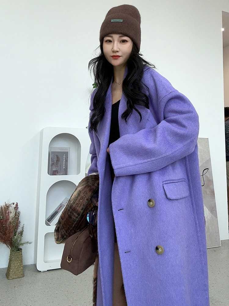 New Designer Korean Style Double-sided Cashmere Coat Coat Double Breasted Mulberry Silk Women Woolen Coat Flower Blue Z250813