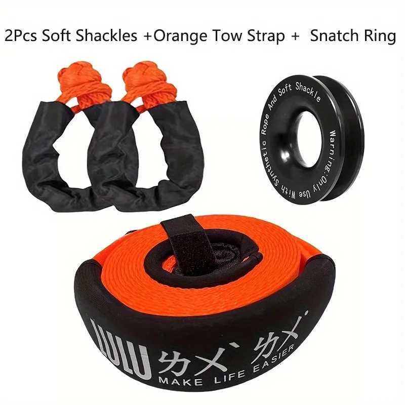 2Pcs Soft Shackles + Orange Tow Strap + Snatch Ring 5M8T Tow Rope Super Thick Sheath Strong Car Off-road Car Trailer Belt W250813