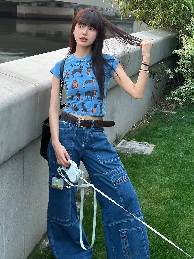 2025 pure cotton summer front shoulder commuting short sleeved T-shirt for women, new puppy print short style trend sweet and spicy high street top de