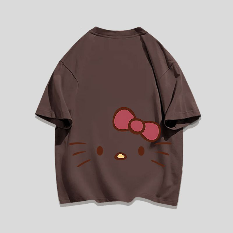 Women's Cotton Tee with Cartoon Cat Print - Summer Loose Fit T-Shirt Fashionable and versatile