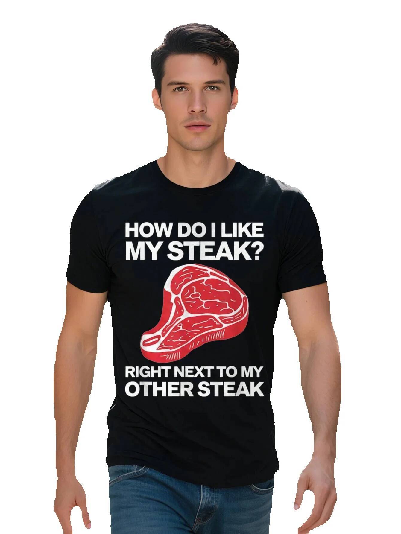 Men s g Cotton T Shirt Funny Lover Graphic Tee with How Do I Like My Steak Pun Cartoon Meat Design Black c0fa8