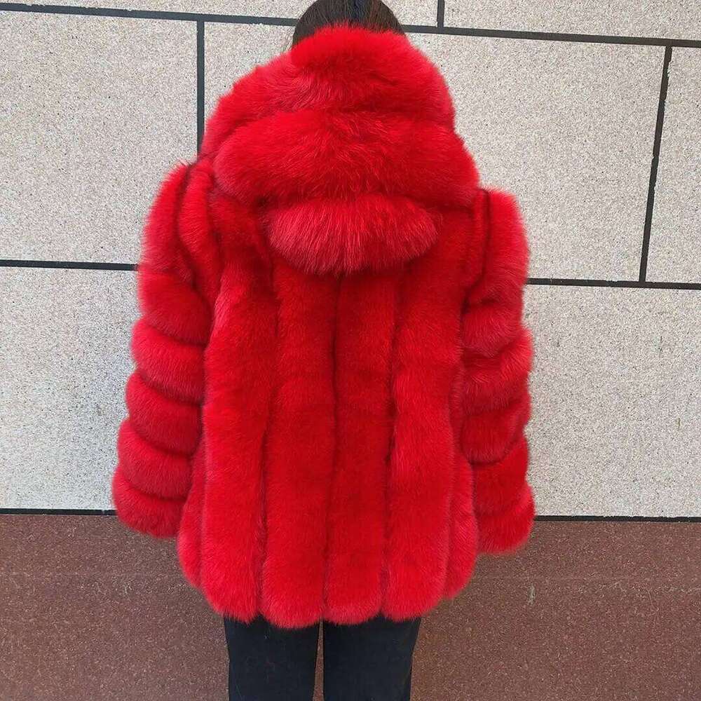 LHXDW New women's vertical hooded Real fox fur coat for autumn and winter fashion natural fur jacket vertical hooded raccoon fur coat