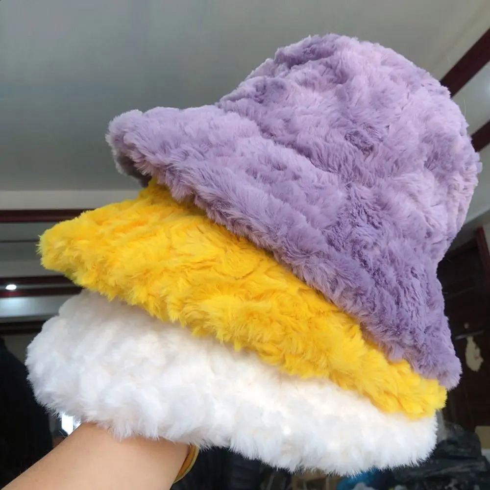 Women Faux Fur Soft Casual Panama Hat Fisherman Cap Bucket Hat Sun Cap 250808