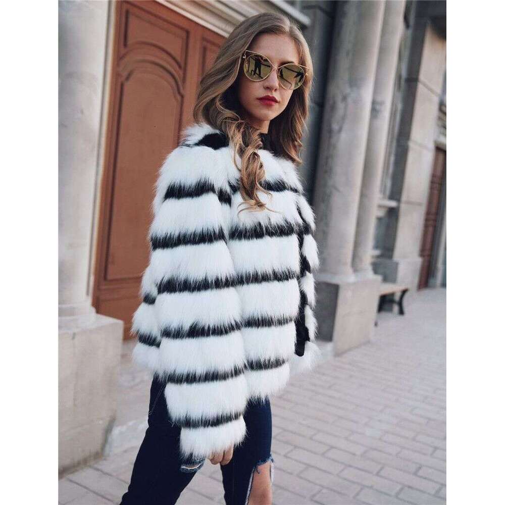 New winter faux fur coat, plus size women's coat, loose round neck, short stripe mixed color coat