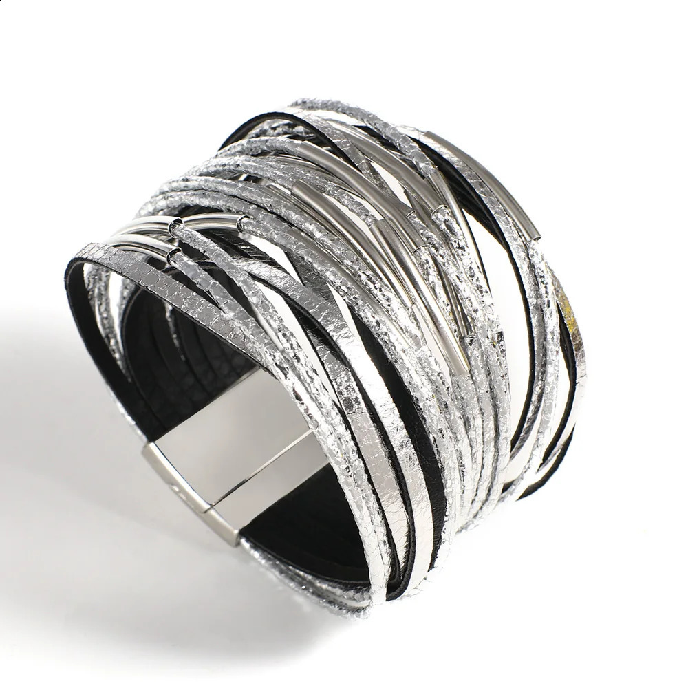 ALLYES Trendy Metal Tube Leather Bracelet for Women Men Chunky Glitter Filled Slim Multilayer Wrap Wide Bracelets Party Jewelry 250812