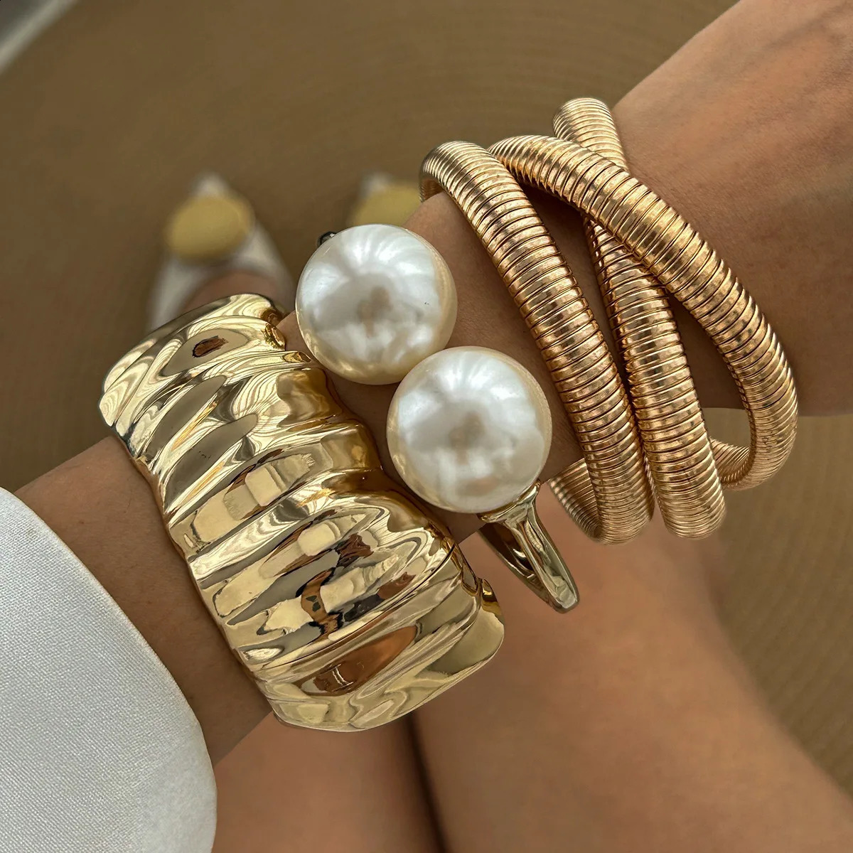 DIEZI 3 style Round Pearl Wide Cuff Bangles Bracelets Punk Multilayer Geometric Metal Spring Bangles Set For Women Men 250812