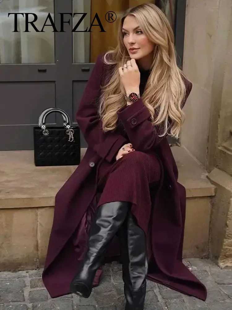 TRAFZA Women Elegant Wine Red Woolen Coat With Belt Lapel Full Sleeve Double Breasted Lady Overcoat Autumn Winter Female Outerwear Z250813