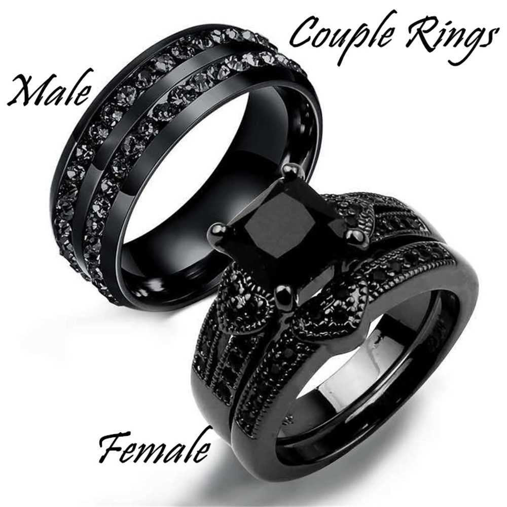 gorgeous Black Full Zircon Couple Ring Fashion Mens Stainless Steel Ring Elegant Womens Heart-shaped 2pcs Wedding Jewelry Gift W250812