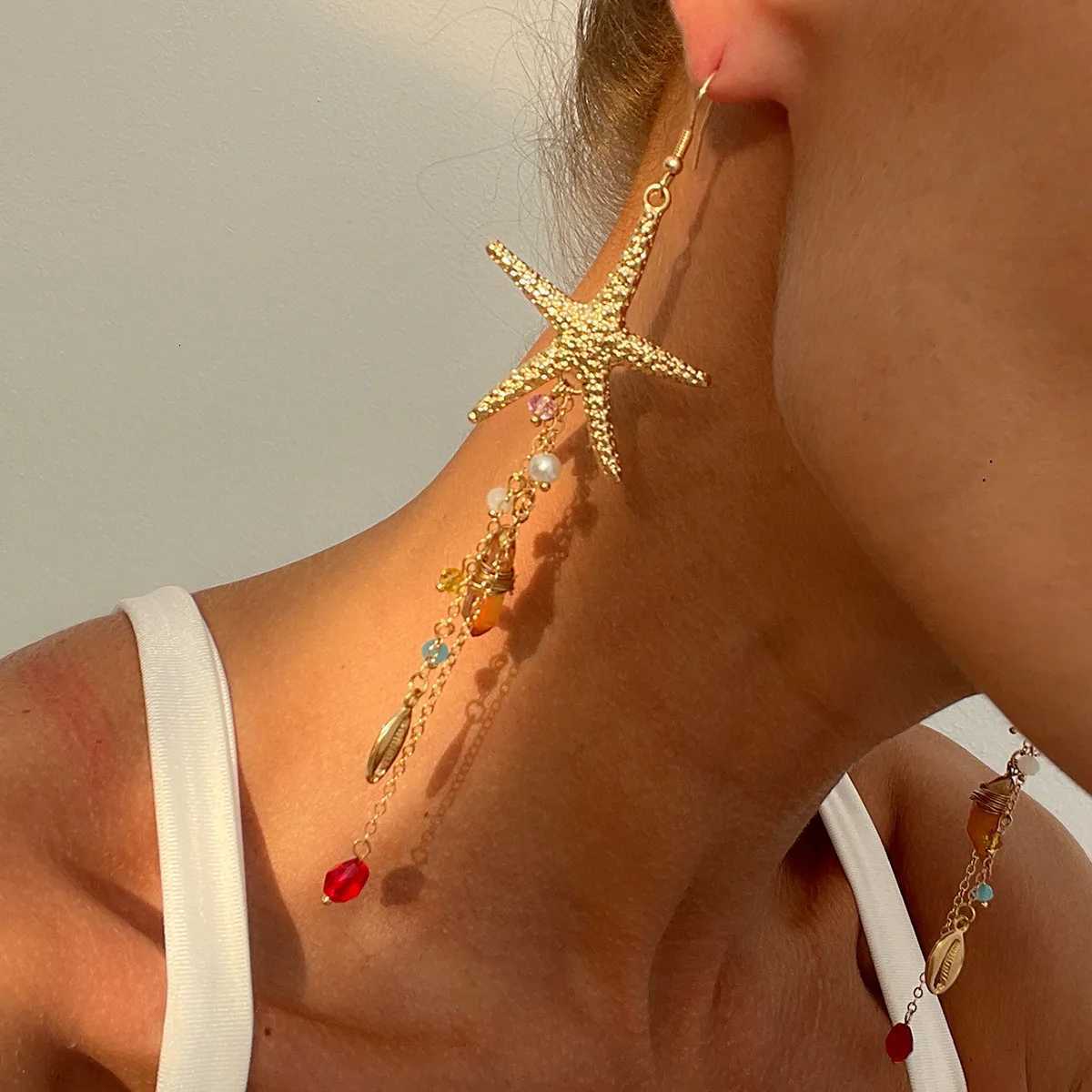 Boho Starfish Earrings Jellyfish with Imitation Pearls Crystal Long Tassels Earrings Women Trendy Drop Earrings Y2K Jewelry Y250812