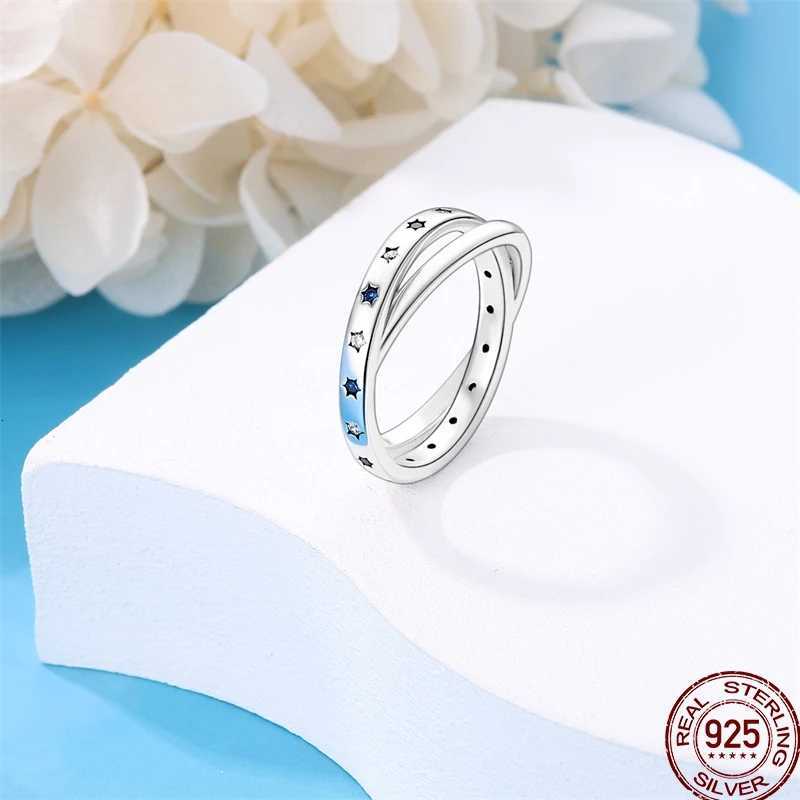 925 Sterling Silver Ring Blue Shiny Zircon Star Moon Stackable Womens Original Wedding Ring Exquisite Jewelry Gift W250812