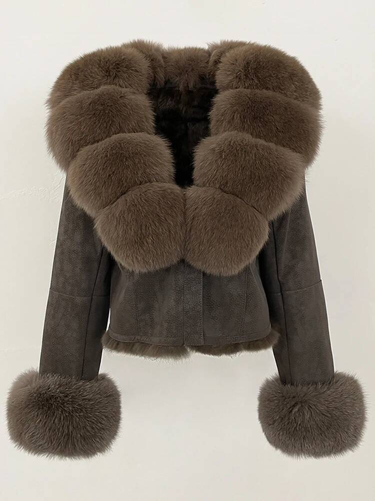 OFTBUY Fashion Short New Autumn Winter Clothing Real Rabbit Liner Suede Jacket Women Natural Fox Fur Collar Coat Female