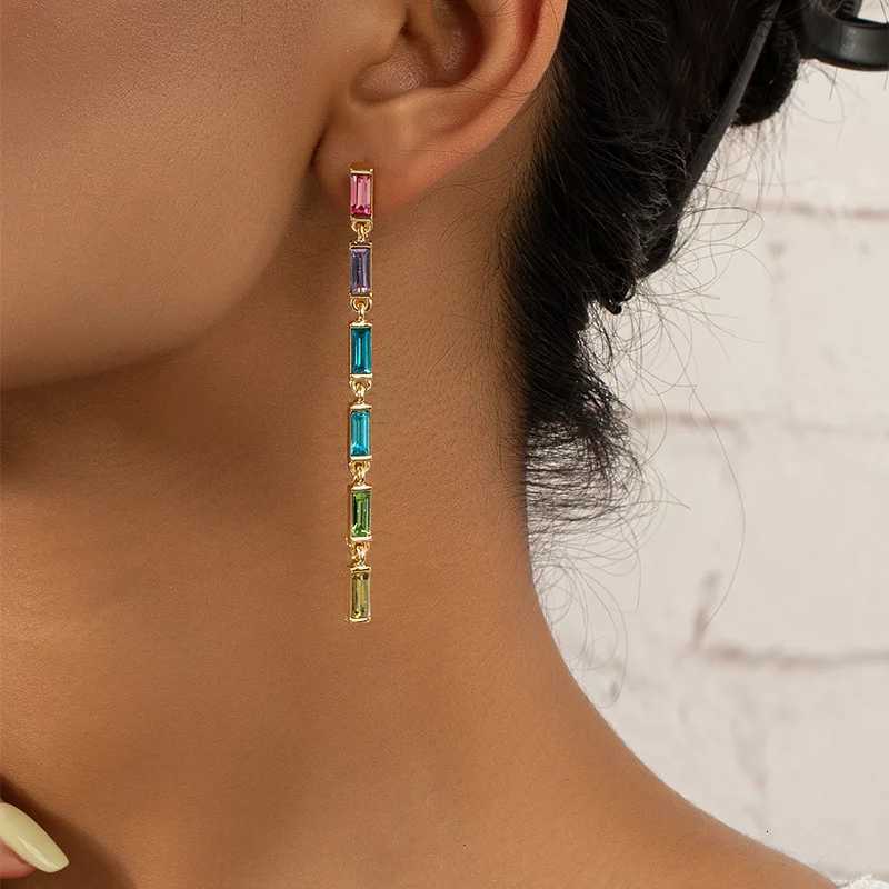 Gold Plated Jewelry Long Colorful Rainbow Rhinestone Crystal Baguette Gemstone Statement Drop Earrings for Women 2023 Trending Y250812