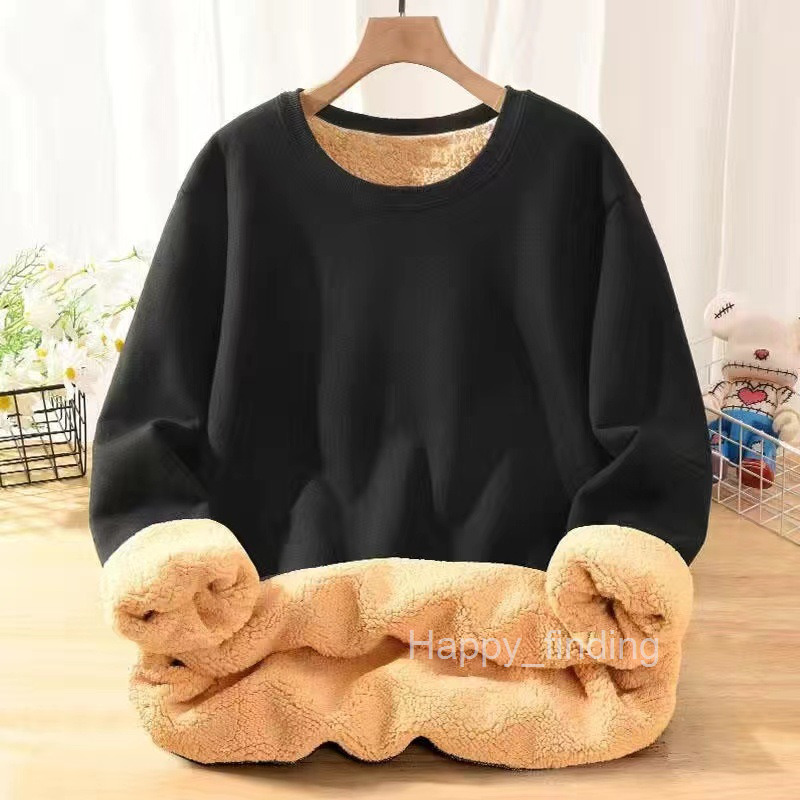Lamb Wool Fleece Thickened Sweatshirt for Men Hoodless Solid Color Thick Warm Clothing Loose Pullover Crew Neck Autumn and Winter Season