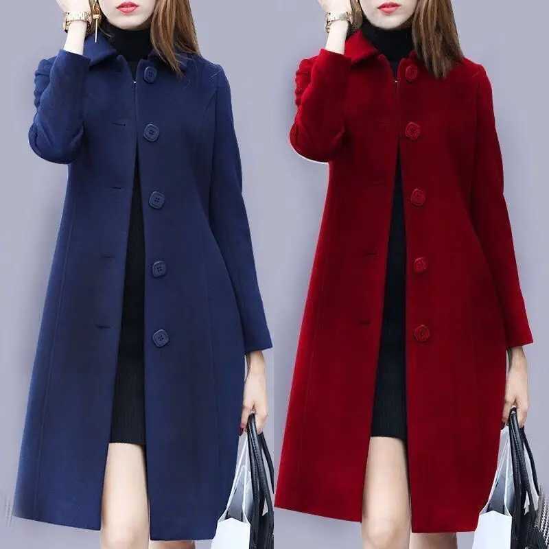 Spring New Long Sleeve Woolen Coat Female Solid Color Slim Medium Long Cardigan British Style Autumn Winter Woolen Coat Z250813