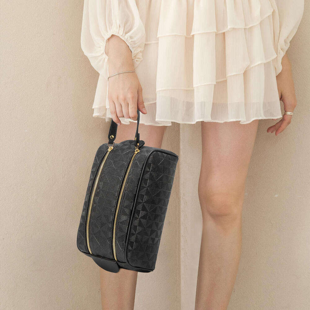 Lacel Urwebin Women's Geometric Textured Double - Zipper Toiletry Bag Large Capacity Portable Handle Makeup Organizer for Travel Daily Essentials