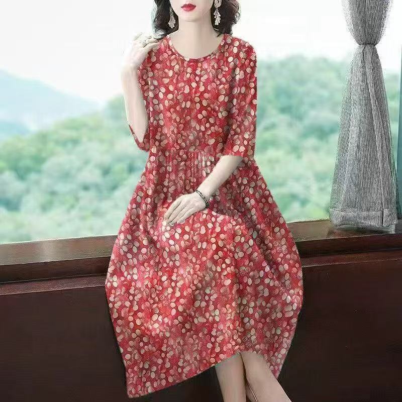 plus size women's new long sleeve high waist printed banquet dress mid-length skirt D02342