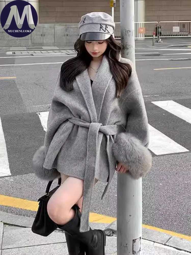 Coats for Women Autumn Winter New Elegant Long Sleeves V Neck Lace Up Woolen Coat Korean Fashion Casual Loose Street Trends Coat Z250813