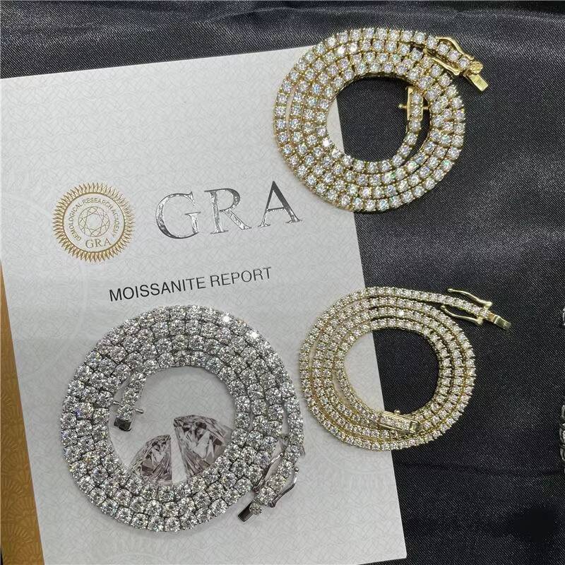 Aimgal Fine Jewelry 3mm4mm S925silver Plated 18k Gold Hip Hop Moissanite Single Row Tennis Necklace