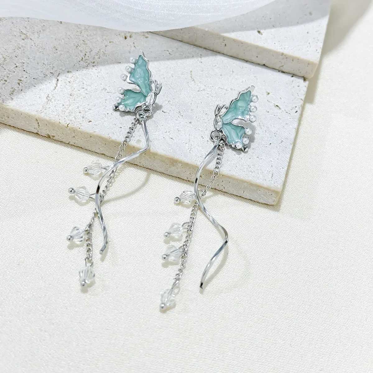 S925 Silver Needle Blue Color Drip Glaze Butterfly Imitation Pearl Long Tassel Earrings for Women Trendy Earrings Travel Gift Y250812