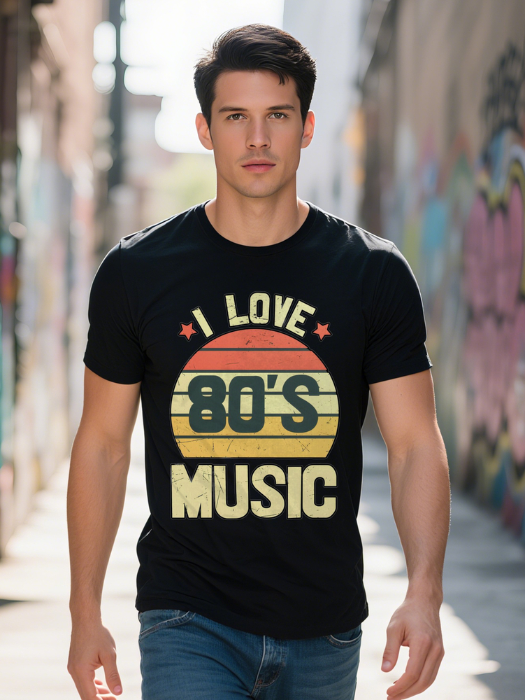 Men S Graphic T Shirt Black Tee with Retro Stars Design Perfect for Music Lovers Casual Summer Top Vintage