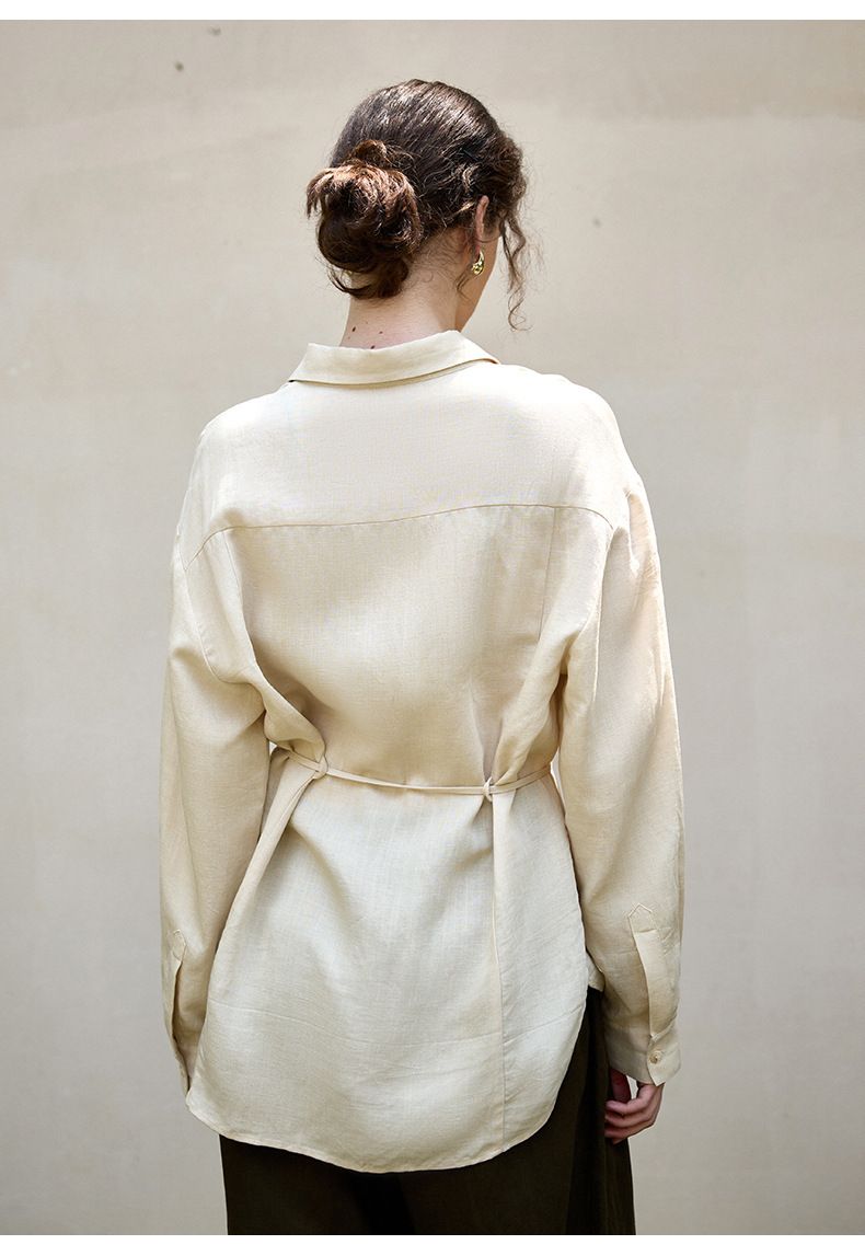 Tencel Natural Texture Long Sleeve Women's Shirt Jacket Autumn Winter French Style Elegant Waist Tie Linen Blouse