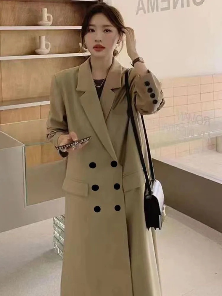 Double Breasted Long Trench Coats Fashion Elegent Woman Outerwears Windproof Abrigos Korean Loose Casaul Straight Casaco 250805
