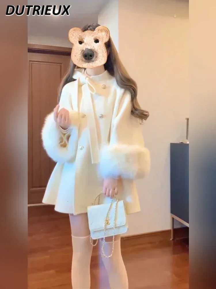 Autumn and Winter Sweet Stand-up Collar Bowknot Double Breasted Woolen Cape Coat Cute White Long Sleeve Mid-LengTH JaCKet Z250813