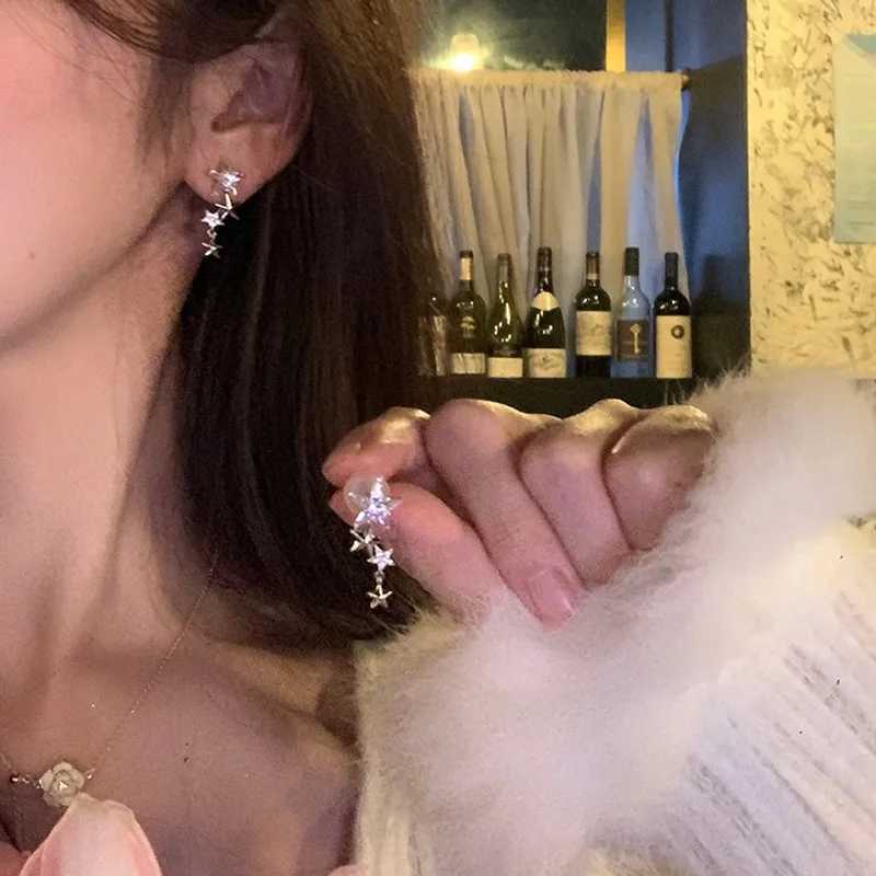 Shiny Zircon Star Tassel Earrings Women Korean Cute Elegant Pentagram Drop Earring Y2K Jewelry Wedding Y250812