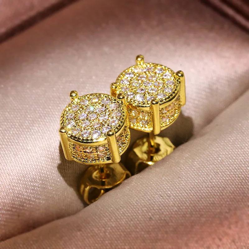 Gold Color Round CZ Stud Earrings Hip Hop Zircon Stud Earringsfor Women Men Wedding Anniversary Gift Jewelry 250812