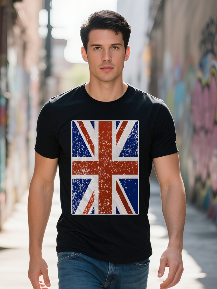 Casual Versatile Round Neck T-shirt Union Jack Deep Blue Print Pattern Top Men's Gift