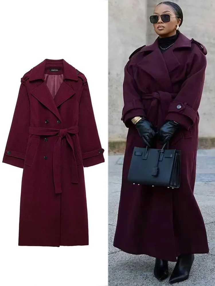 TRAFZA Women Elegant Wine Red Woolen Coat With Belt Lapel Full Sleeve Double Breasted Lady Overcoat Autumn Winter Female Outerwear Z250813