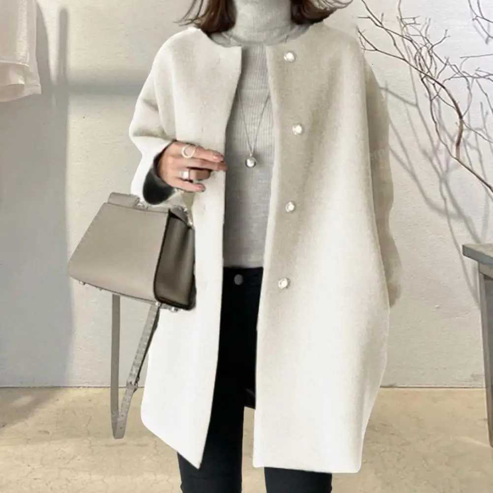 Round Neck Coat Stylish Woolen Coat for Women Button-down Round Neck Outerwear Mid Length Jacket for Fall Winter for Commuting Z250813