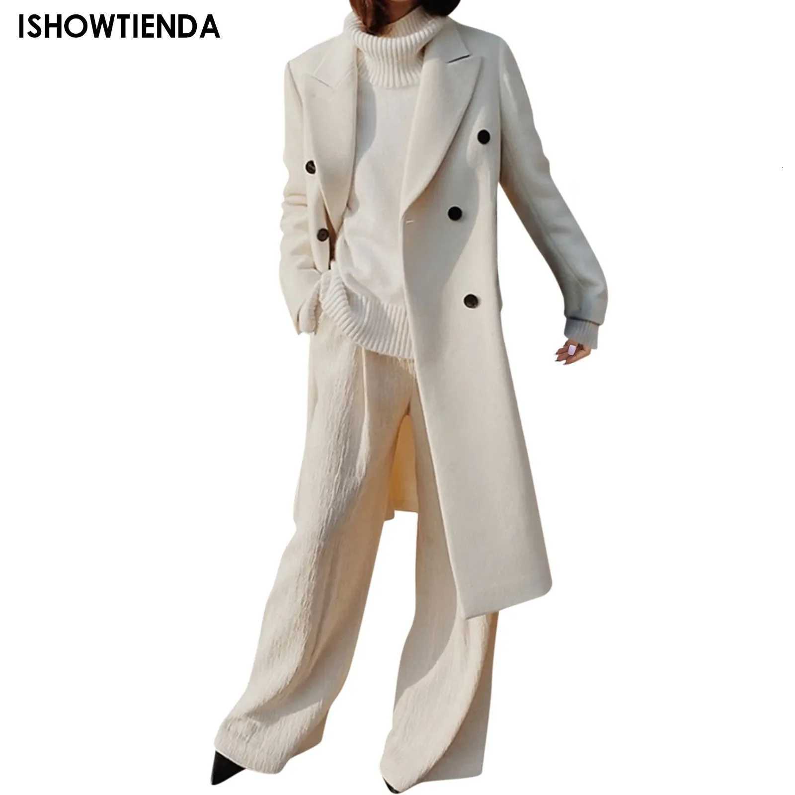 Elegant White Wool Blend Trench Long Coat Women Chic Double Breasted Warm Full Sleeve Coats New Female High Street Outerwear Z250813