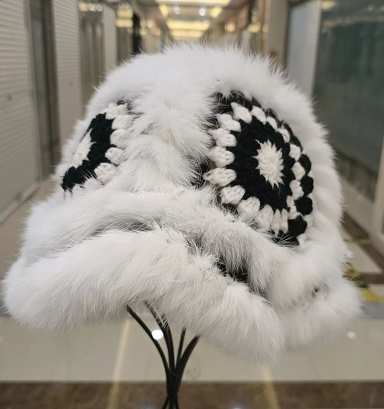 China-Chic Bucket Hats for Women Winter Warm Cute Plush Cap Big Head Casual Rabbit Fur Hat Knitted Fishermans Caps 250808