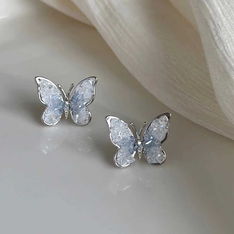 FTCY Blue Gradient Crystal Butterfly Earrings for Women Korean Elegant Flower Earrings Luxury Wedding Party Jewelry Gift Y250812