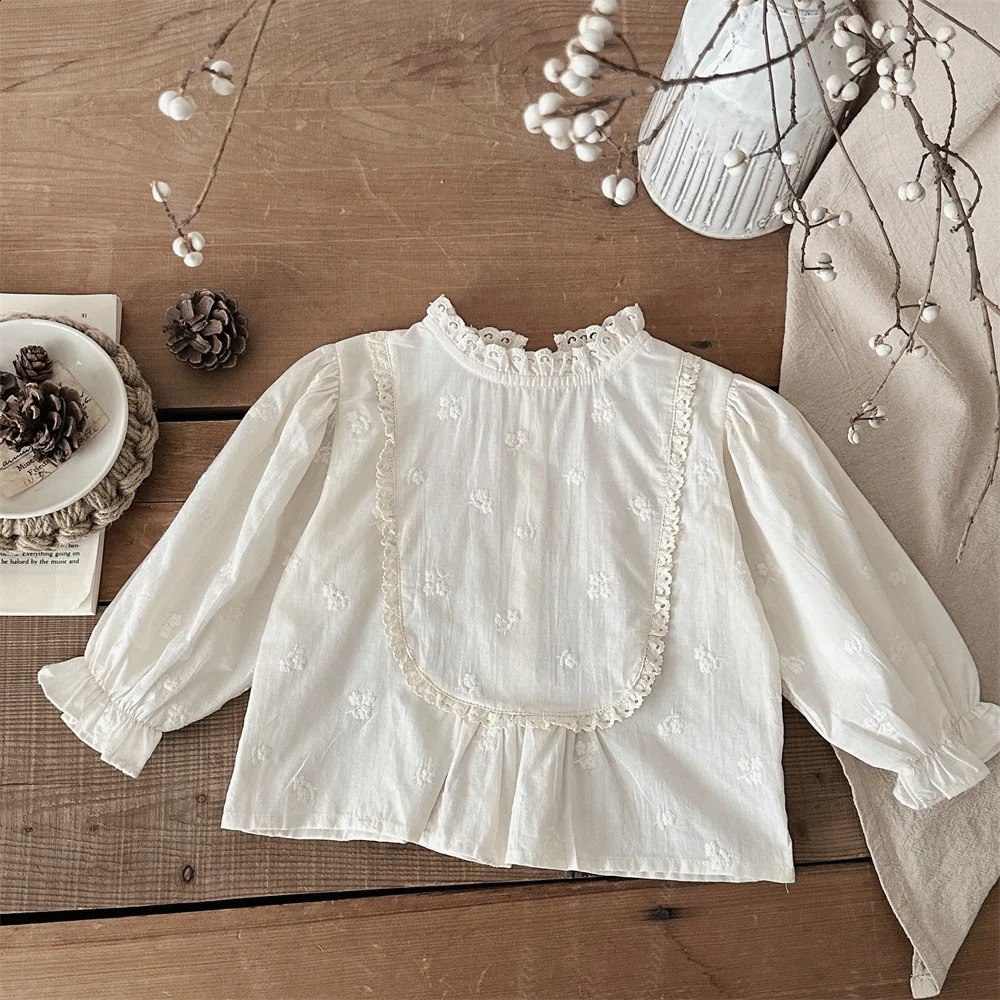 Spring Autumn Infant Clothes Long Sleeve Tshirt For Girls born Baby Kids Lace Stand Collar Embroidery Shirt Outfit 250812