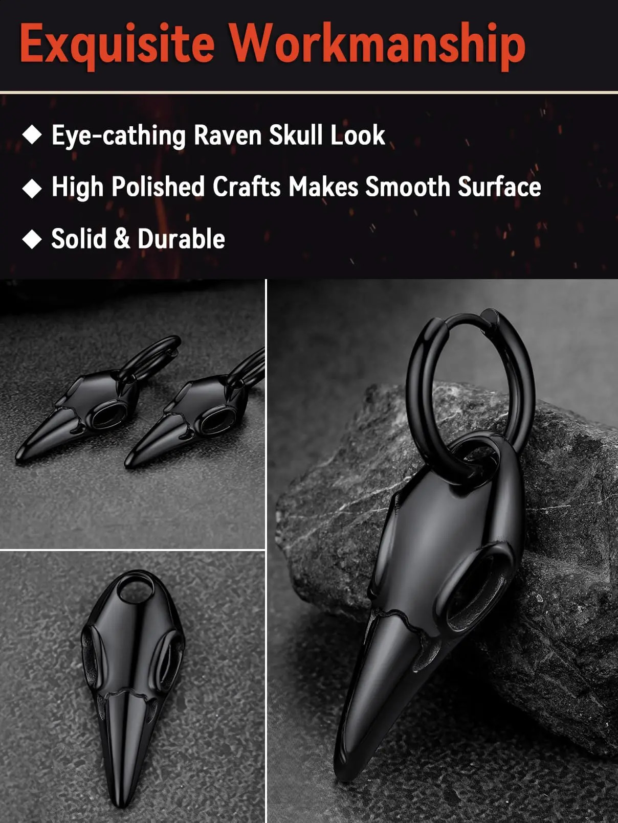1 pair of hypoallergenic stud earrings for men stainless steel punk Gothic Crow stud earrings. 250812
