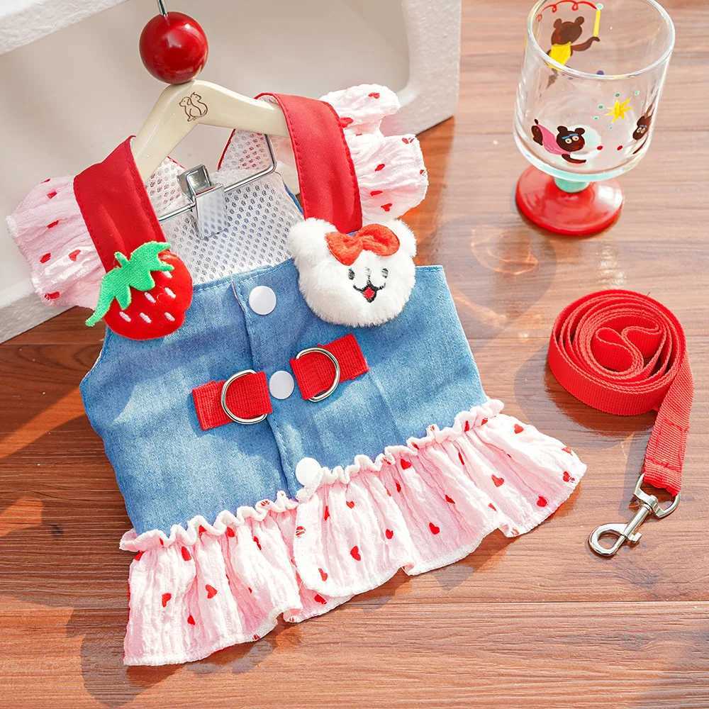 Cute Puppy Clothes Cute Dog Dresses Pet Clothing Cat Dress Pet Denim Harness with Leash Summer Sweet Strawberry Small Dogs Skirt XJ250813