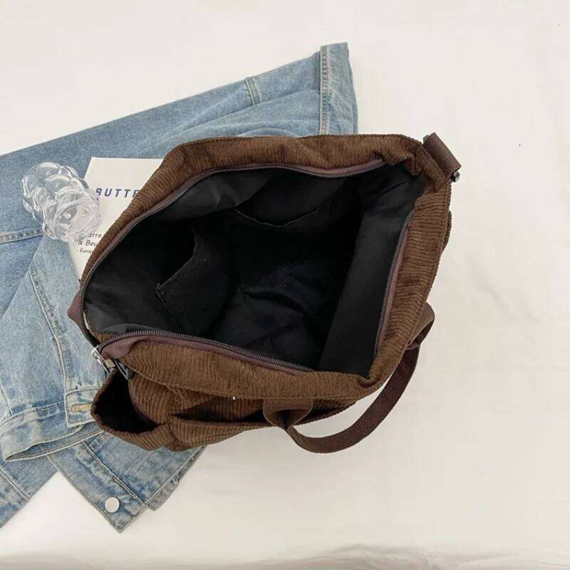 Simple Color Multi Pocket Corduroy Tote Bag Large Capacity Casual Backpack Suitable For Outdoor Travel Commuting Work Handbags